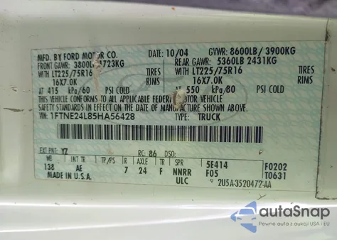 2005 Ford E-250 Commercial/Recreational z USA, uszkodzony, nr VIN 1FTNE24L85HA56428